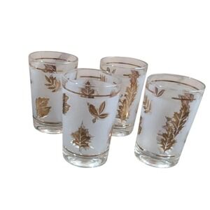 Libbey Vintage Gold Leaf Juice Glasses Set Of 4 Frosted Leaf‎ Design Retro 4"